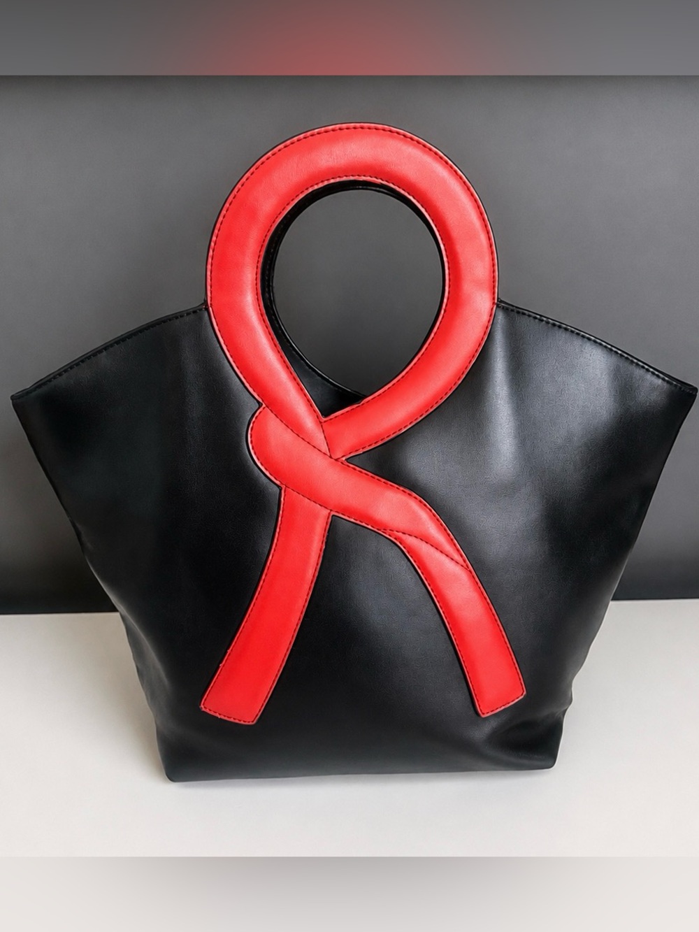 Roberta Di Camerino Black Handbag Red Handle Ribbon Leather Tote Satchel Vtg Y2K